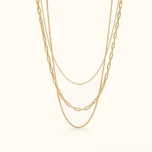 18K gold triple-layer necklace flat lay showing three distinct chain styles including cable chain paperclip link and box chain on white background