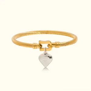 18K gold twisted cable bracelet with silver heart charm, flat lay front view on plain background showing coiled rope texture and two-tone finish