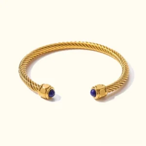 18K gold twisted rope cuff bracelet with amethyst gemstone end caps, flat lay overhead product shot
