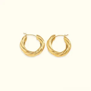 18K gold twisted hoop earrings with chunky textured design, flat lay top-down view on neutral background