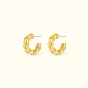 18K gold twisted hoop earrings flat lay product view with polished gold finish and detailed rope texture