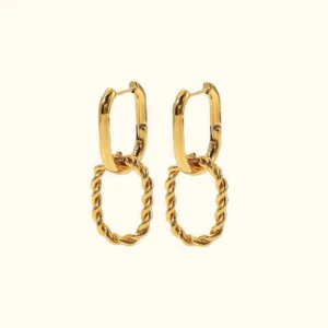 18K gold twisted hoop earrings flat lay display on beige background, showing dual linked oval hoops with textured rope design and smooth finish