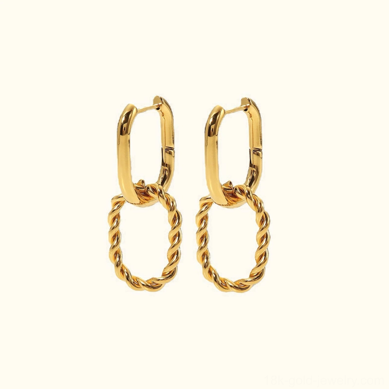 18K gold twisted hoop earrings flat lay display on beige background, showing dual linked oval hoops with textured rope design and smooth finish