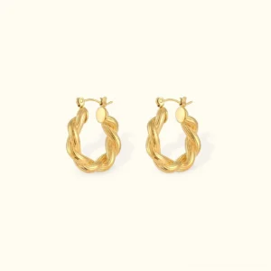 18K gold twisted hoop earrings front view flat lay beige background polished rope texture