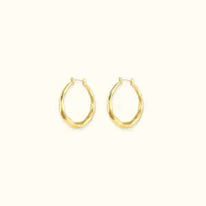 18K gold twisted hoop earrings front view flat lay, polished finish on white background, oval spiral design