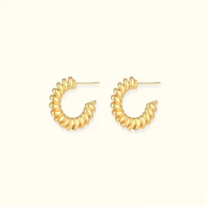 18K Gold Twisted Hoop Earrings front view flat lay - elegant C-shaped gold rope design with glossy finish