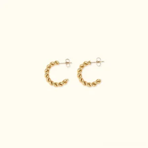 18K gold twisted hoop earrings small size 20mm front view flat lay on off-white background showing rope texture detail
