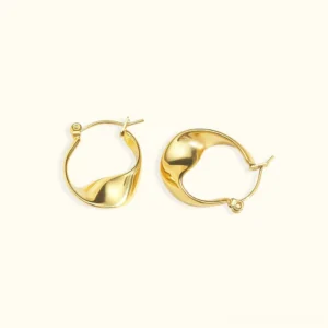 18K gold twisted irregular hoop earrings with asymmetric design, front view on white background showing polished gold finish and hinged clasp