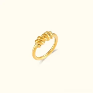 18K gold twisted knot ring front view polished gold finish on plain background elegant minimalist jewelry