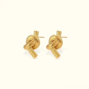 18K gold twisted knot stud earrings front flat lay view premium waterproof gold jewelry