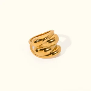 18K gold twisted multi-layer statement ring front view, high-polish mirror finish on plain background