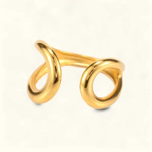 18K gold twisted open band ring flat lay front view showcasing polished gold finish and hollow twisted double loop geometric design on white background
