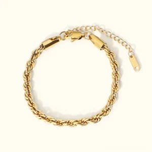 18K gold twisted rope chain bracelet flat lay top-down view showing polished finish and extension chain