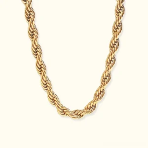18K gold twisted rope necklace flat lay overhead view showcasing polished textured chain design