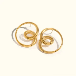 18K gold twisted spiral stud earrings front view flat lay polished finish studio shot