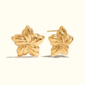 18K gold twisted star stud earrings flat lay front view with polished metallic finish five-pointed star design