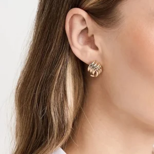 18k gold twisted stud earrings on ear close up profile view female model wearing