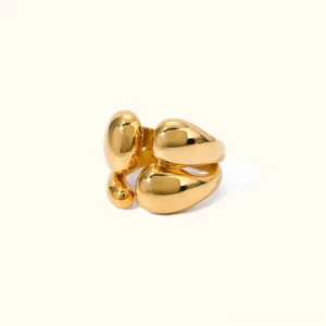 18K gold twisted teardrop adjustable ring - front flat lay view with polished lustrous finish on plain white background