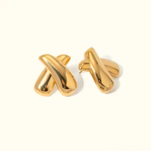 18K yellow gold twisted X stud earrings flat lay front view, polished solid chunky curved X-shaped design