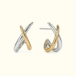 18K gold two-tone cross huggie earrings flat lay front view, twisted X-shaped design with polished silver and gold finish on white background