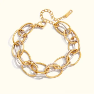 18K gold two-tone multi-link chain bracelet flat lay display with adjustable extender chain and branded tag
