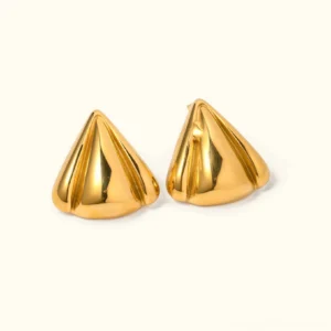 18K gold vintage conical stud earrings with polished fluted finish, front view flat lay on neutral background