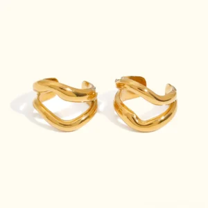 18K gold wavy double-layer ear cuff earrings flat lay front view polished finish sculptural design