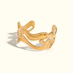 18K gold wavy open cuff bracelet front view polished bright gold hollow wave design showcase