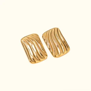 18K gold wavy rectangular stud earrings flat lay top view premium quality finish