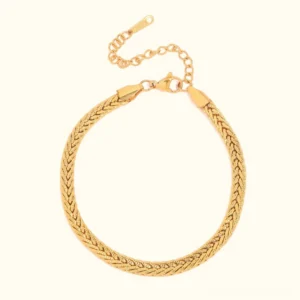18K gold wheat chain bracelet flat lay front view with adjustable extender chain on light background