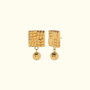18k gold woven square drop earrings with suspended polished sphere - front flat lay view on plain background
