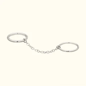 18K silver chain dual-finger ring flat lay top-down view showing two connected bands with delicate chain link on off-white background