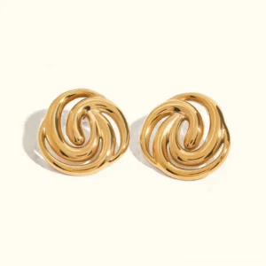 18K yellow gold triple spiral stud earrings - polished twisted knot design with flat lay frontal view