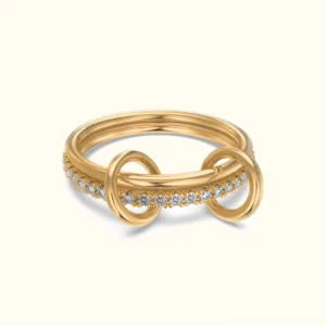 18K Yellow Gold Stacked Diamond Ring with Interlocking Knot Detail - Front View Flat Lay