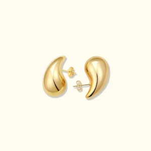 18K yellow gold teardrop stud earrings front view polished finish with ear backs