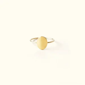 Eleanor 14K yellow gold minimalist oval signet ring flat lay top-down view on white background
