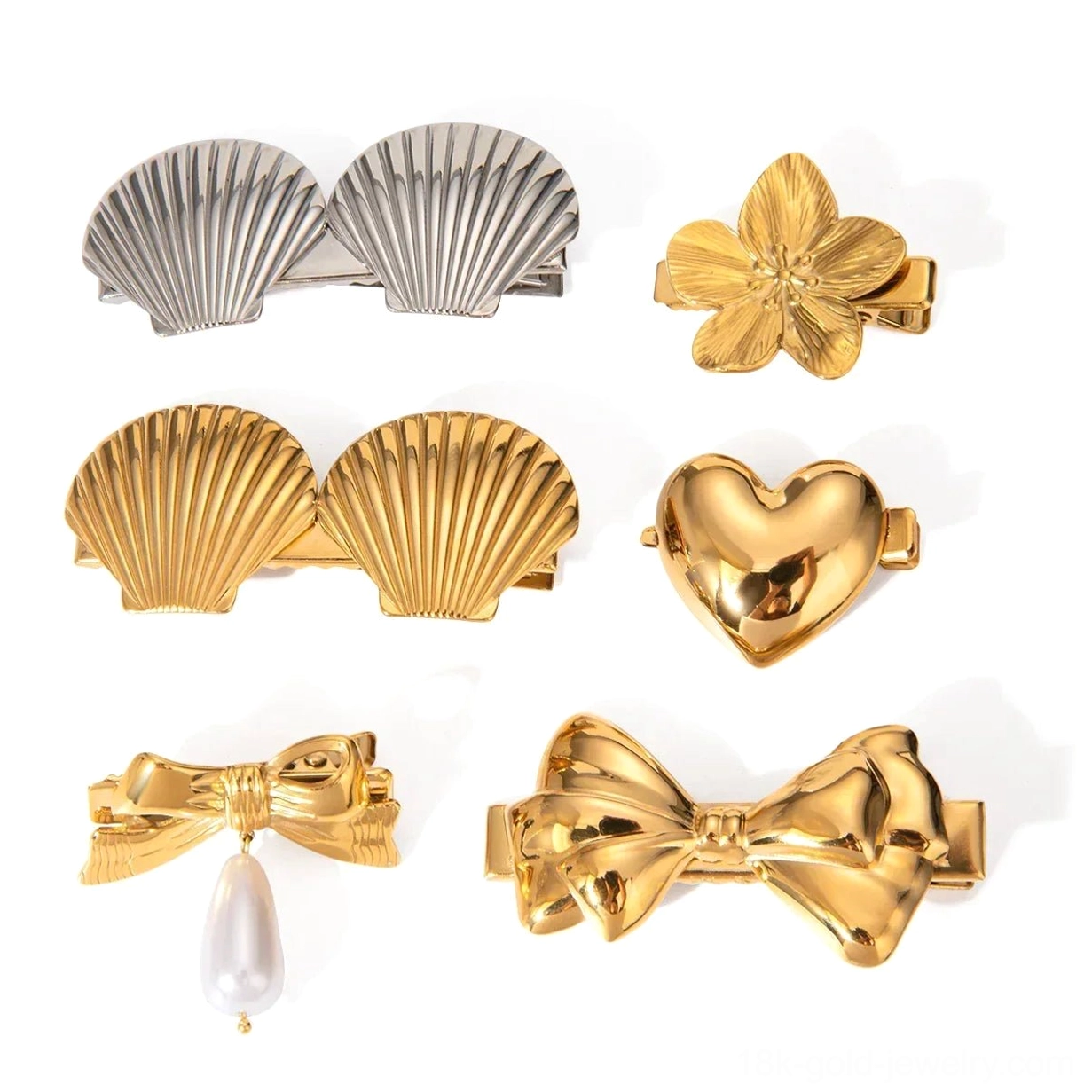 multiple hair clip styles 18k gold silver tones flower bow heart shell designs white background